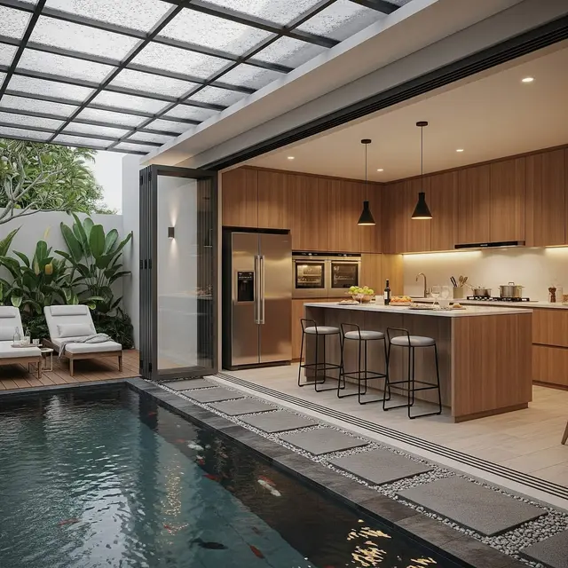 Ide Dapur Semi Outdoor dengan Taman Belakang