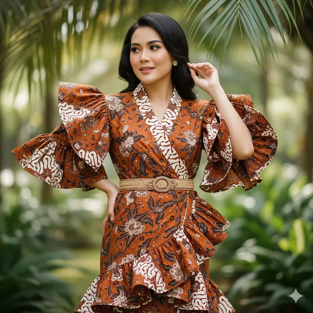 Wrap Dress Batik Sogan dengan Lengan Ruffle