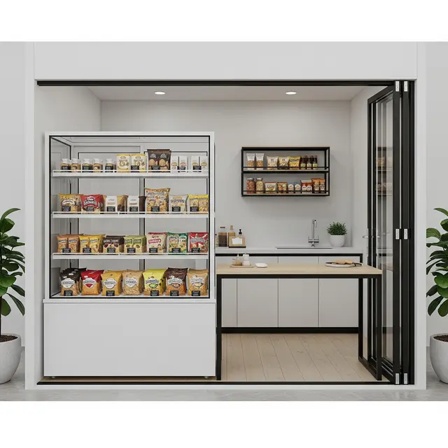 Desain Warung Makanan Ringan di Rumah dengan Etalase Lipat Kaca