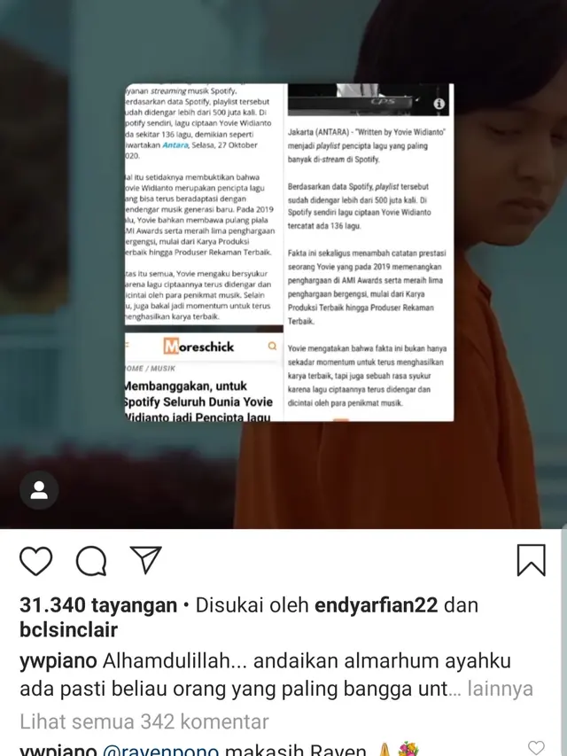 Unggahan Yovie Widianto. (Foto: Instagram @ywpiano)