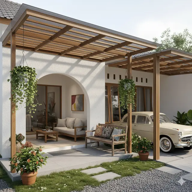 Teras Rumah Minimalis Menyatu Ruang Tamu dan Carport