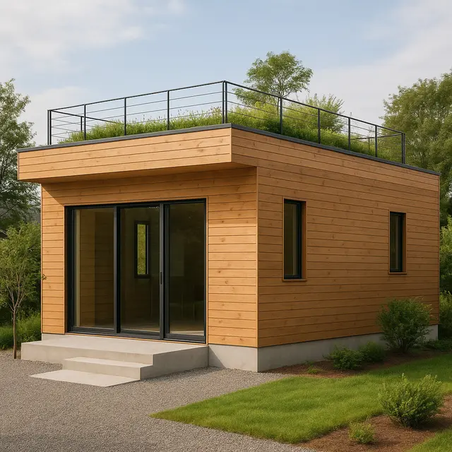 3. Rumah Kayu Atap Datar dengan Rooftop Taman