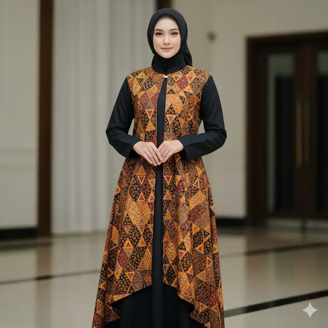 Gamis Batik Tumpal Kombinasi Polos