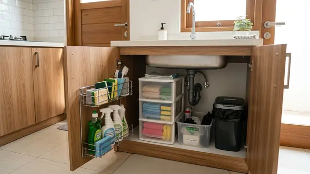 Desain Dapur Kecil dengan Banyak Penyimpanan agar Meja Tetap Rapi (AI Generated)