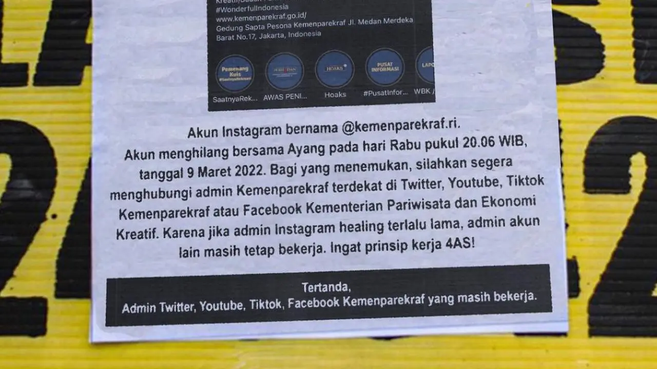 Akun Instagram Kemenparekraf Menghilang, Diduga Ulah Hacker