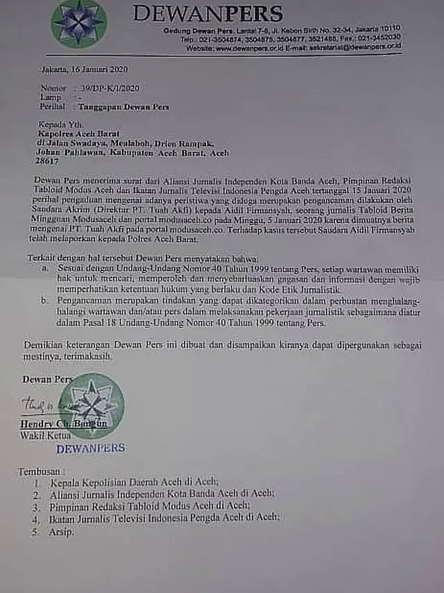 Surat yang dilayangkan Dewan Pers kepada Polres Aceh Barat (Ist)