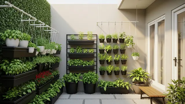 Model Desain Halaman Belakang Rumah Kecil dengan Pot Gantung Sayur dan Tanaman Rempah/ Ilustrasi AI