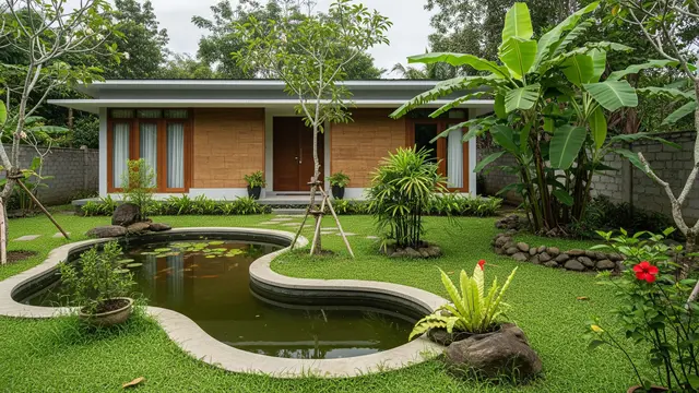 5 Model Rumah Minimalis Desa dengan Kolam Ikan Kecil di Depan Rumah yang Sejuk