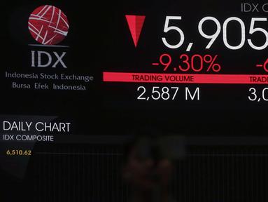 Layar monitor menampilkan pergerakan Indeks Harga Saham Gabungan (IHSG) di Bursa Efek Indonesia (BEI), Jakarta, Selasa (8/4/2025). (Liputan6.com/Herman Zakharia)
