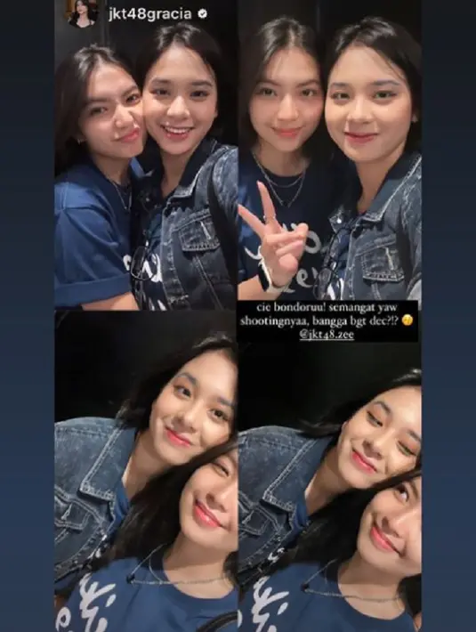 Ia juga tampak berpotret bersama Gracia JKT48. Keduanya tampil cantik saat dengan kaus dari film Ancika 1995. Foto: Instagram.