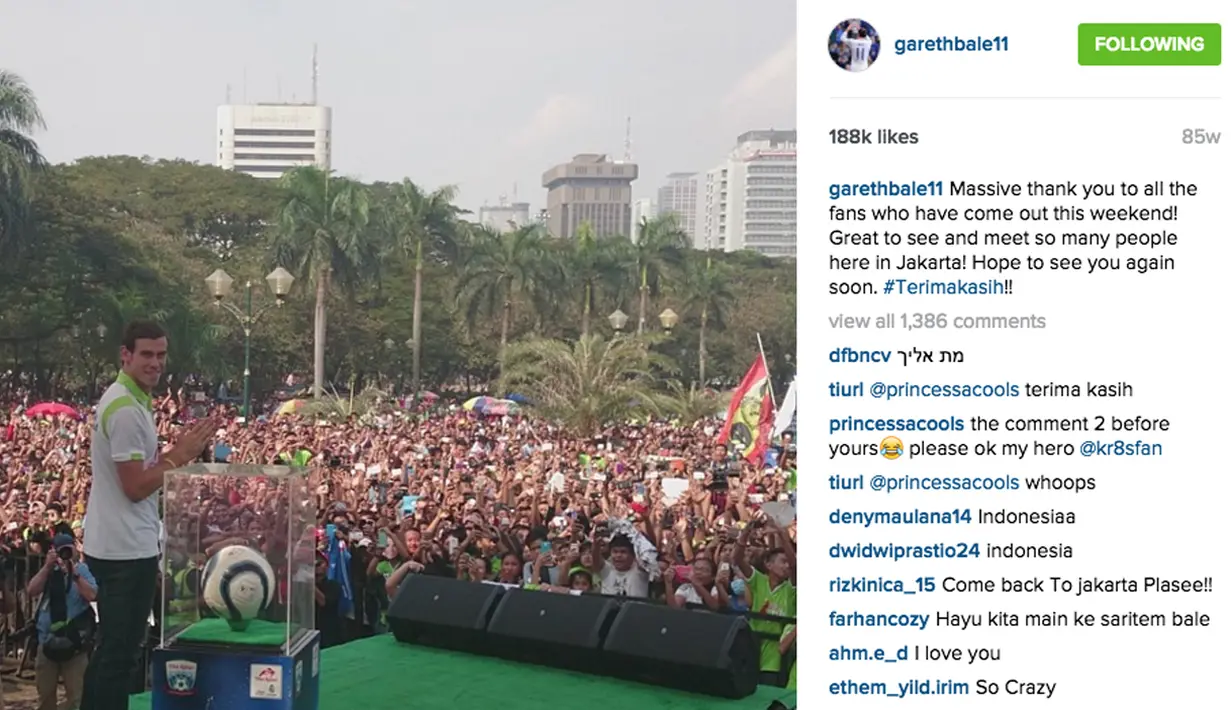 Bintang Real Madrid, Gareth Bale memiliki 13 juta Followers di Instagram miliknya, Bale juga memposting foto dirinya saat datang ke Indonesia, bahkan mengucapkan Terima Kasih di Akun Instagram. (Photo/Instagram)
