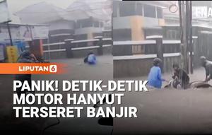 Kepanikan sempat terjadi ketika seorang pemotor nekat menerjang banjir dan terjatuh. Pemotor tersebut sempat terseret derasnya arus bersama kendaraannya.