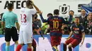 Ekspresi pemain Barcelona, Jordi Alba, setelah mencetak gol ke gawang Sevilla pada final Copa del Rey yang berlangsung di Vicente Calderon, Madrid, Minggu (22/5/2016). (AFP/Cesar Manso)