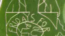 Pandangan udara memperlihatkan labirin dengan potret aktivis iklim Swedia Greta Thunberg menghiasi ladang jagung di Selm, Jerman, Rabu (10/7/2019). Greta Thunberg menjadi tokoh terkemuka yang memulai mogok sekolah untuk memprotes pemanasan global dan perubahan iklim. (INA FASSBENDER/AFP)