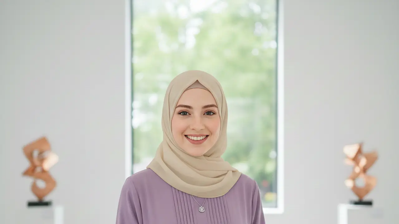 Hijab Beige di Baju Lilac untuk Tampilan Natural dan Hangat