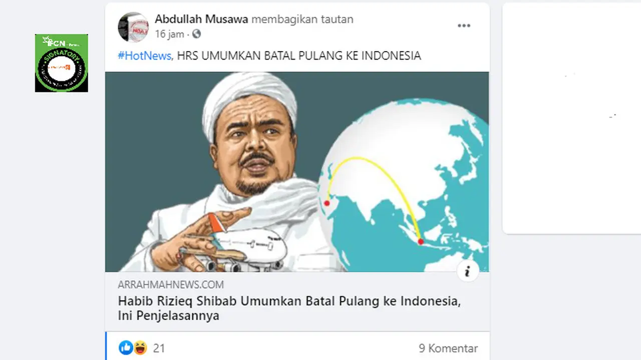 Cek Fakta Liputan6.com menelusuri informasi Rizieq Shihab batal pulang ke Indonesia