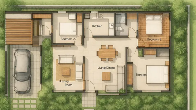 8 Denah Rumah 1 Lantai 3 Kamar Tidur dan Garasi/Ilustrasi Gambar AI