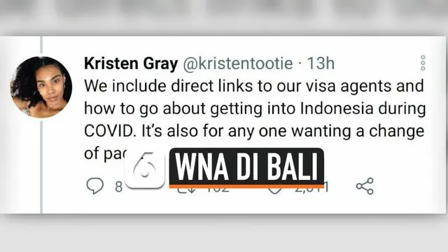 Seorang wanita asal Amerika Serikat bernama Kristen Gray mendadak viral setelah ia mengajak warga asing lainnya untuk pindah ke Bali di tengah pandemi Covid-19. Ia dan pasangannya juga mengaku tidak membayar pajak pada pemerintah, dan menjanjikan vis...