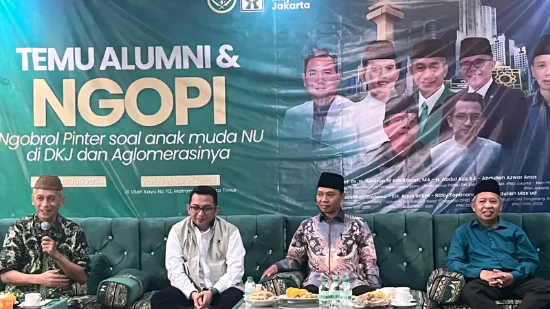 Pengurus Wilayah Nahdlatul Ulama (PWNU) DKI Jakarta  dalam acara Ngobrol Pinter (Ngopi) bertajuk 'Ngobrol Pintar soal Anak Muda NU di DKJ dan Aglomerasinya' di Aula PWNU Jakarta I, Jalan Utan Kayu, Matraman, Jakarta Timur, Sabtu (27/7/2024) (Istimewa)