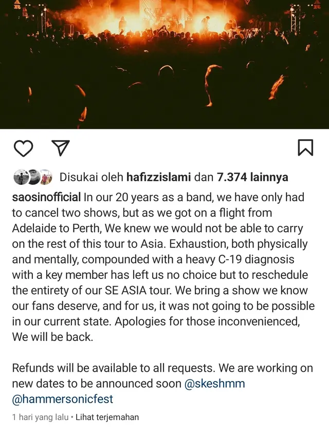 Saosin Batal Manggung di Hammersonic 2023, Alasannya Karena Kelelahan dan Personel Positif Covid-19