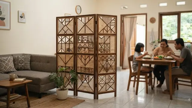 Ide pembatas ruangan untuk rumah kecil menggunakan sketsel berbagai motif unik model motif geometris untuk ruang tamu