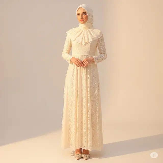 Inspirasi Gaun Pesta Muslimah High Neck Lace.
