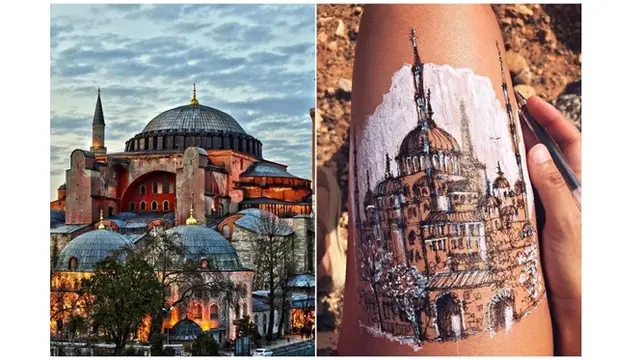 Mariela Luis membuat sketsa bangunan Hagia Sophia terlihat begitu artistik.