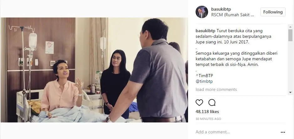 Tim Ahok ucapkan belasungkawa untuk Julia Perez lewat akun Instagramnya. (Sumber Foto: instagram.com/@basukibtp)
