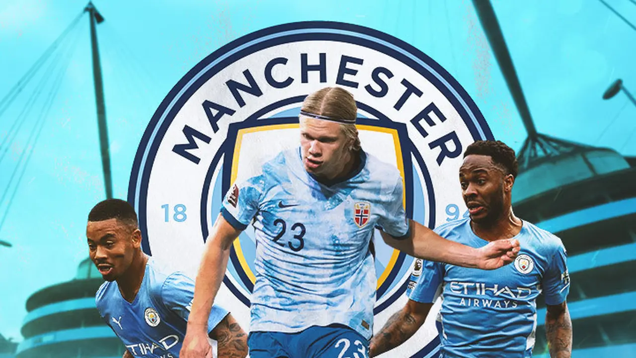 Manchester City - Erling Haaland dikelilingi Gabriel Jesus dan Raheem Sterling