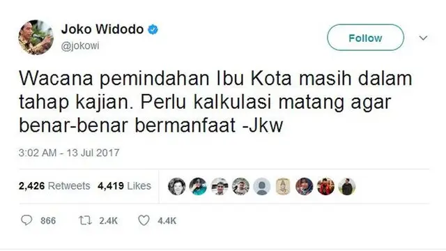 Akhirnya Presiden Joko Widodo (Jokowi) buka suara mengenai rencana pemindahan ibu kota. (Twitter @Jokowi)