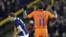 Ekspresi pemain Belanda, Memphis Depay usai membobol gawang Skotlandia pada laga persahabatan di Pittodrie, Aberdeen, Skotlandia (9/11/2017). Belanda menang 1-0. (Andrew Milligan/PA via AP)