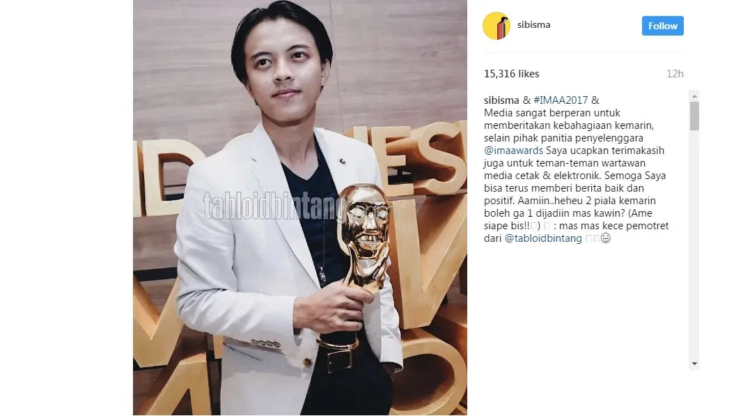 Bisma Karisma usai menerima penghargaan IMAA 2017 (Foto: Instagram)