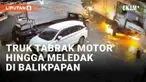 Kecelakaan fatal adu banteng terjadi Jl. MT Haryono, Gunung Samarinda, Balikpapan (27/3/2024). Kecelakaan melibatkan sebuah truk kontainer dan motor hingga muncul ledakan seketika. Insiden berawal dari truk yang banting setir hingga berpindah jalur d...