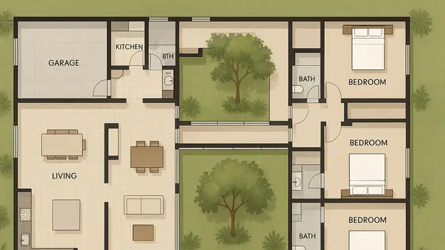 8 Denah Rumah 1 Lantai 3 Kamar Tidur dan Garasi/Ilustrasi Gambar AI