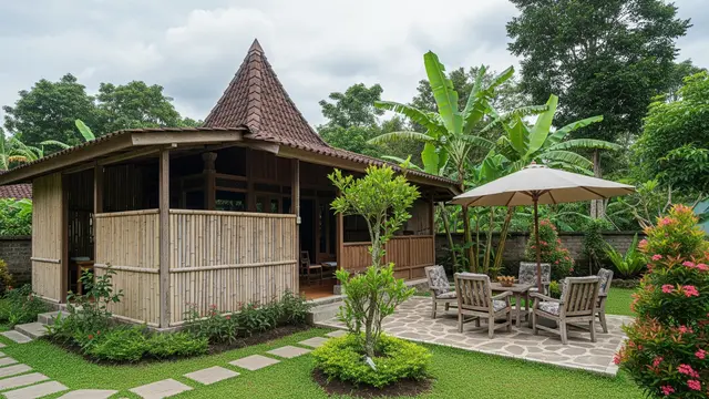 Desain Rumah Desa Adem dengan Taman Samping dan Dinding Semi Terbuka