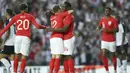 Para pemain Inggris merayakan gol Danny Wellbeck saat melawan Kosta Rika ,pada laga uji coba di Elland Road Stdium, Leeds, Inggris, (7/6/2018). Inggris menang 2-0. (AP/Scott Heppell)