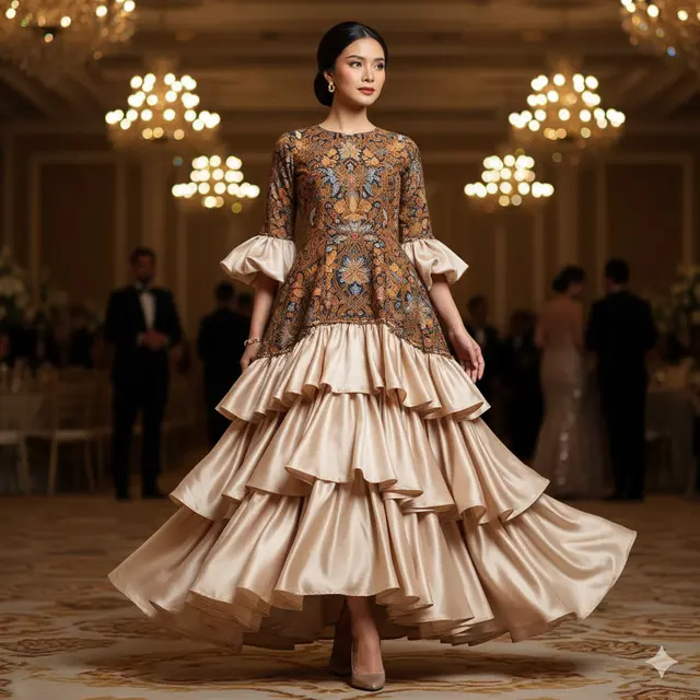Model Long Dress Batik Kombinasi Satin yang Lagi Tren
