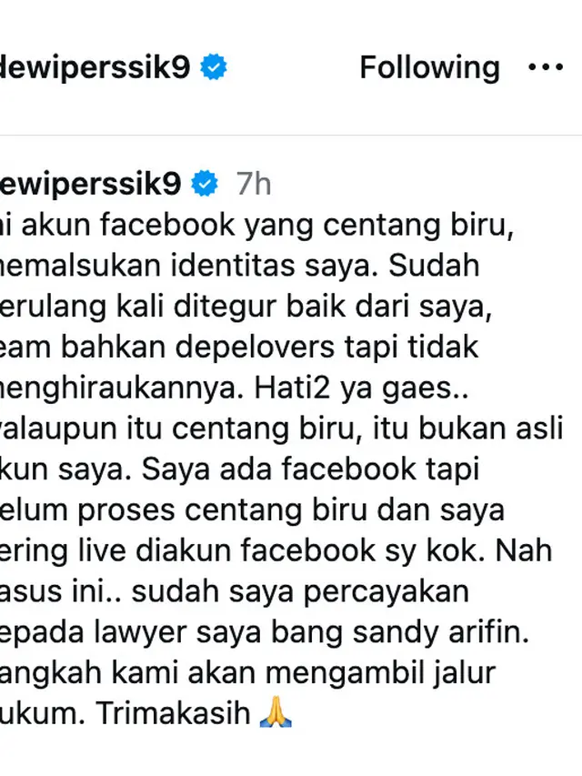 Unggahan Dewi Perssik. (Foto: Dok. Instagram @dewiperssik9)