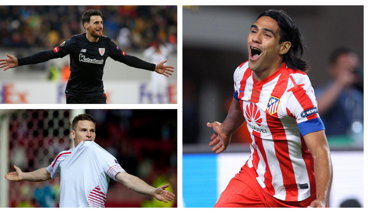 Kompetisi Liga Europa mulai bergulir sejak musim 2009/10, menggantikan Piala UEFA yang sudah dimulai sejak musim 1971/72. Hingga musim ini, tercatat ada 7 pencetak gol terbanyak di ajang Liga Europa. Radamel Falcao menempati urutan pertama. Yang lain? (Kolase Foto AFP)