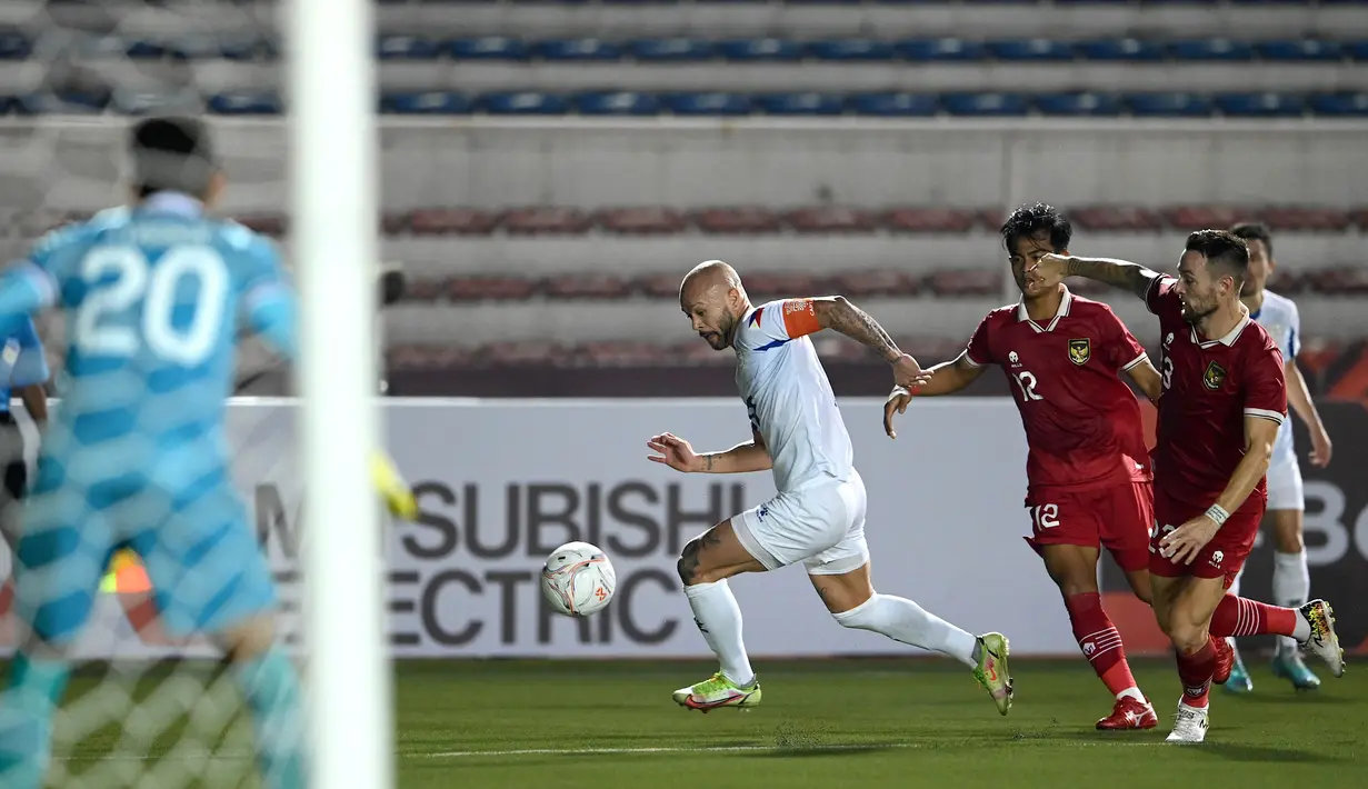 Pemain Timnas Filipina, Stephan Markus Cabizares Schröck (tengah) mengontrol bola dibayangi pemain Timnas Indonesia, Marc Klok dalam laga pamungkas Grup A Piala AFF 2022. Kemenangan ini hanya membawa Indonesia finis sebagai runner-up Grup A dengan sepuluh poin. (AFP/Jam Sta Rosa)