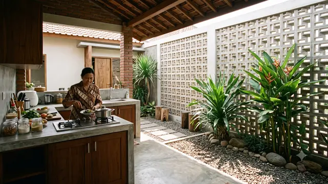 Desain Dapur Terbuka dengan Taman Kering Anti Ribet