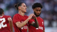Winger Liverpool, Darwin Nunez, berhasil mencetak empat gol dan membantu timnya menang 5-0 atas RB Leipzig pada laga pramusim di Red Bull Arena, Jumat (22/7/2022) dini hari WIB. (Hendrik Schmidt/dpa via AP)