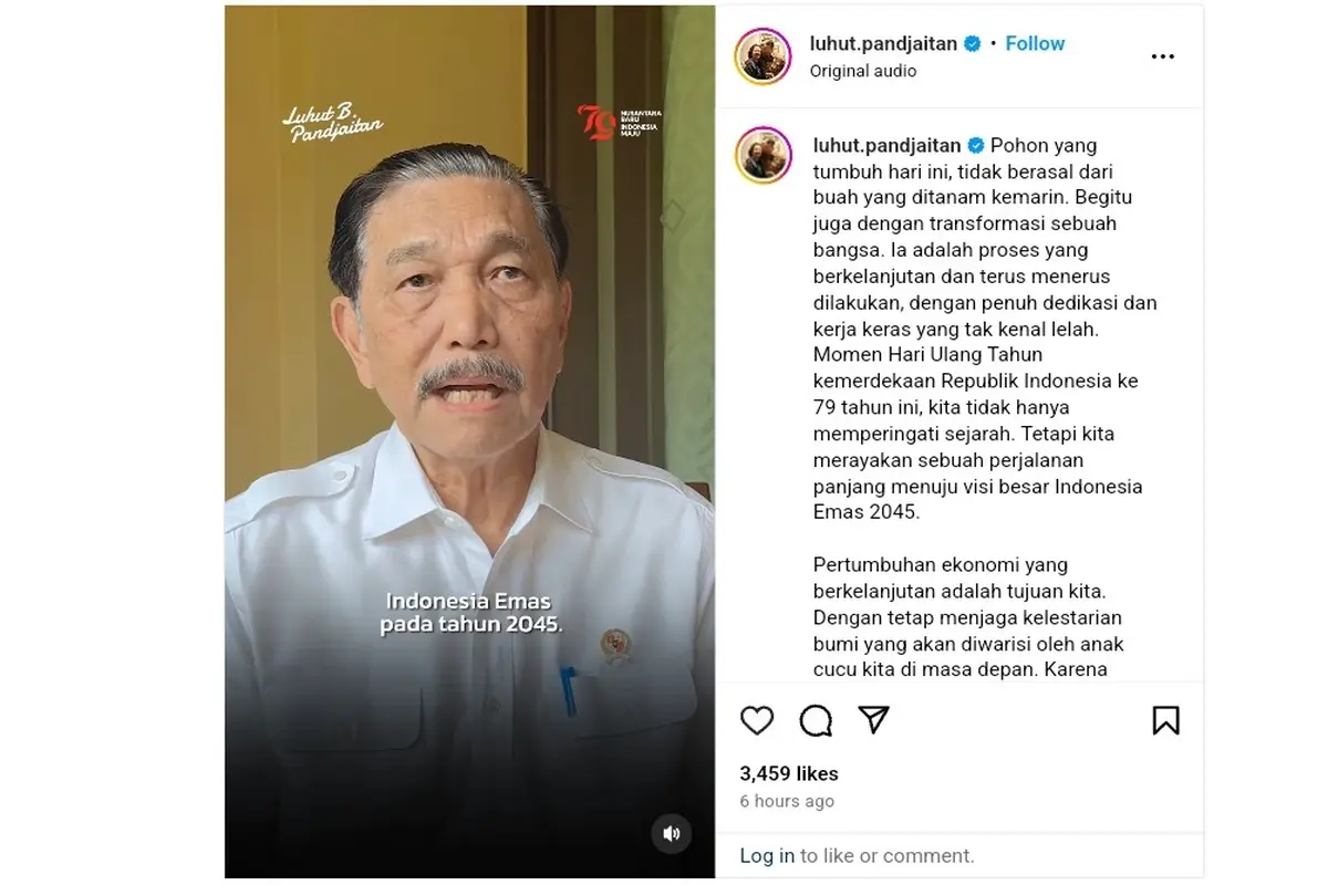 Menteri Koordinator Bidang Kemaritiman dan Investasi, Luhut Binsar Pandjaitan menitipkan pesan penting di momen peringatan HUT ke-79 Republik Indonesia.