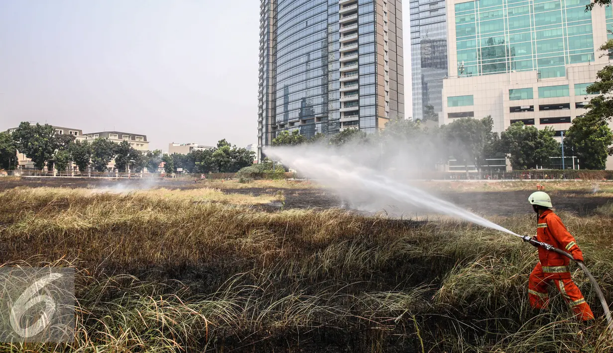 Petugas pemadam kebakaran melakukan pemadaman lahan yang terbakar di kawasan Lingkar Mega Kuningan, Jakarta, Minggu (13/9/2015). Diduga kebakaran lahan kosong tersebut puntung rokok yang dibuang sembarangan. (Liputan6.com/Faizal Fanani) 