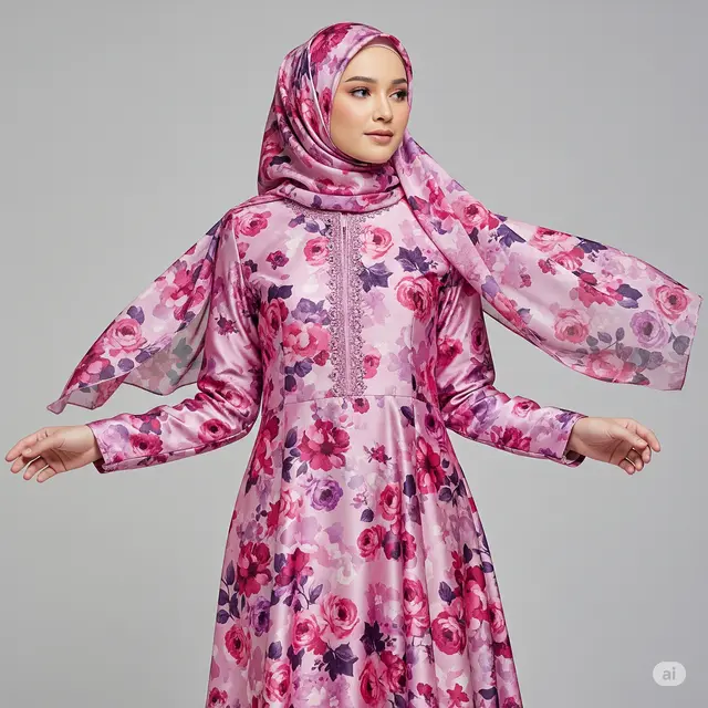 Gamis Satin Motif Floral - Feminitas yang Mempesona