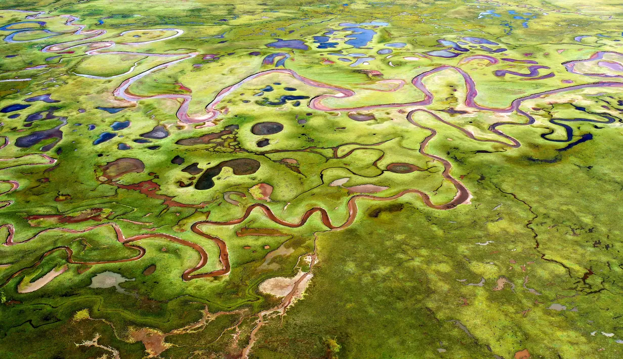 Foto dari udara yang diabadikan pada 28 September 2020 ini menunjukkan pemandangan lahan basah Lhato di Wilayah Konjo, Qamdo, Daerah Otonom Tibet, China barat daya. (Xinhua/Zhan Yan)