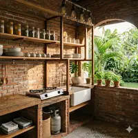 Dapur Batu Bata Ekspos dengan Konsep Semi Outdoor / Desain Dapur Semi Outdoor untuk Rumah Pedesaan (Sumber; gemini.com)