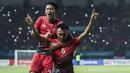 Gelandang Timnas Indonesia, Muhammad Hargianto, merayakan gol yang dicetaknya ke gawang Taiwan pada laga Grup A Asian Games di Stadion Patriot, Jawa Barat, Minggu (12/8/2018). Indonesia menang 4-0 atas Taiwan. (Bola.com/Vitalis Yogi Trisna)