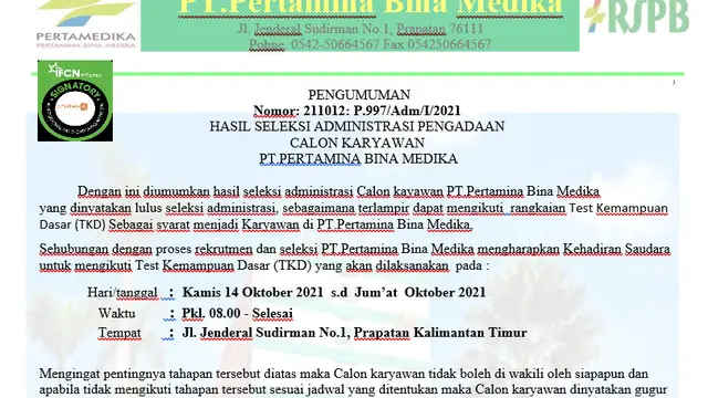 Cek Fakta Liputan6.com menelusuri surat pemanggilan seleksi calon  karyawan PT Pertamina Bina Medika