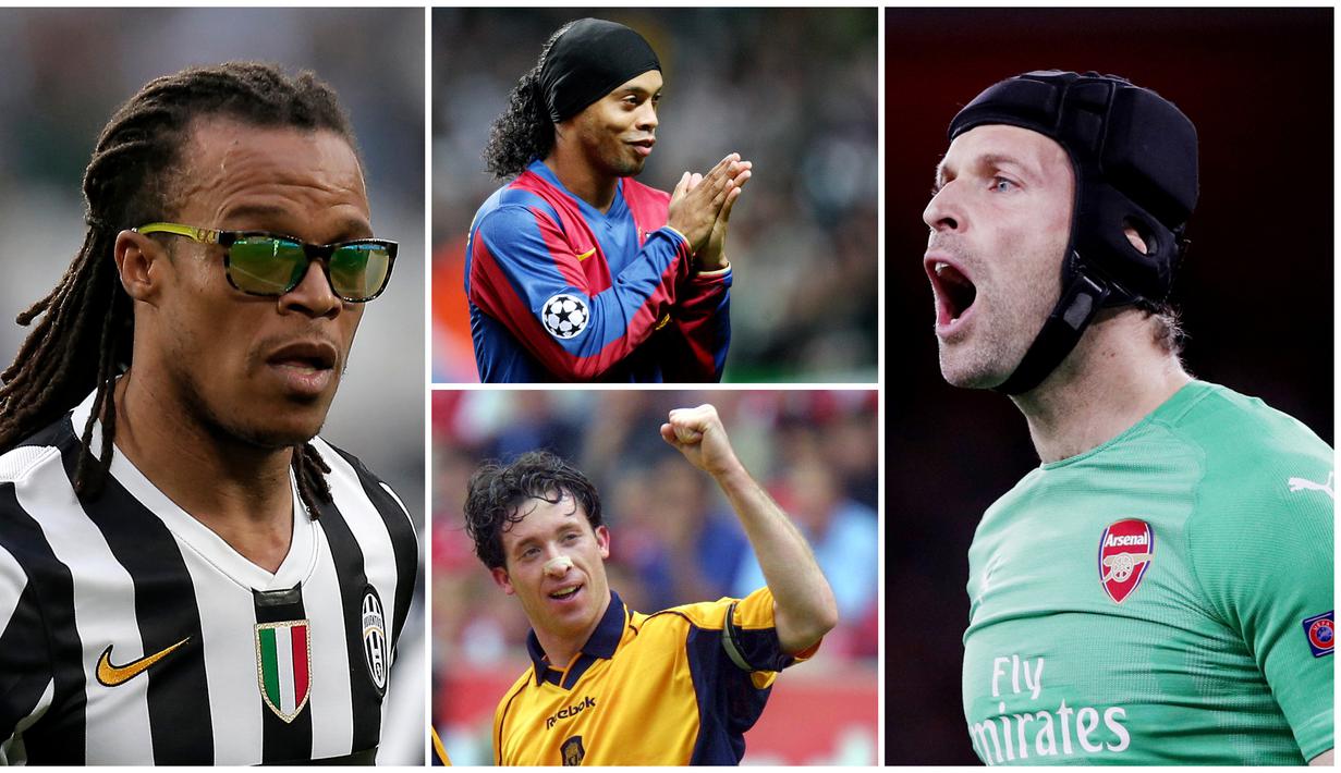 Berikut ini tujuh asesoris yang biasa digunakan pesepak bola saat beraksi di medan laga. Diantaranya, kaca mata, bandana, helm rugby. (Foto Kolase AP dan AFP).